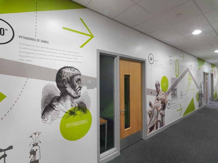 an office hallway with green and white graphics on the wall, along with two doors