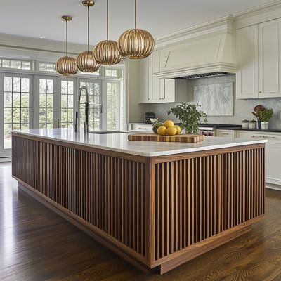 a kitchen with an island in the middle and lots of lights hanging from it's ceiling