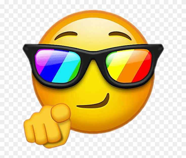 a smiley face wearing sunglasses and pointing to the side with his index finger on it