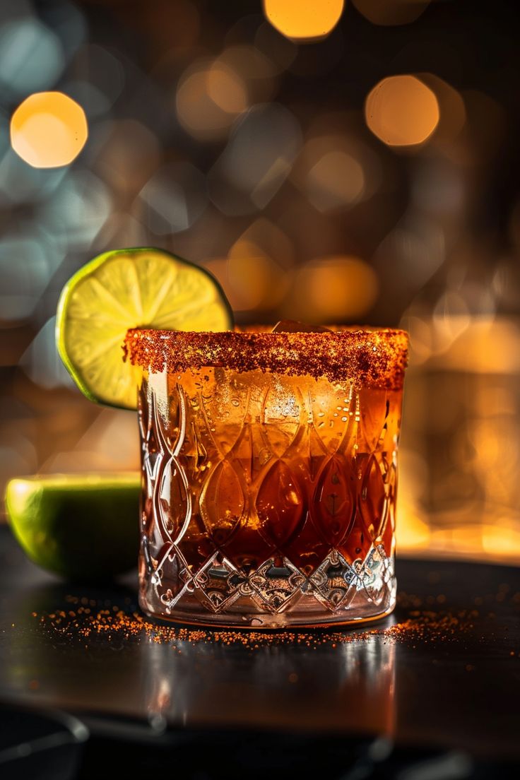 a close up of a drink on a table with limes and lights in the background