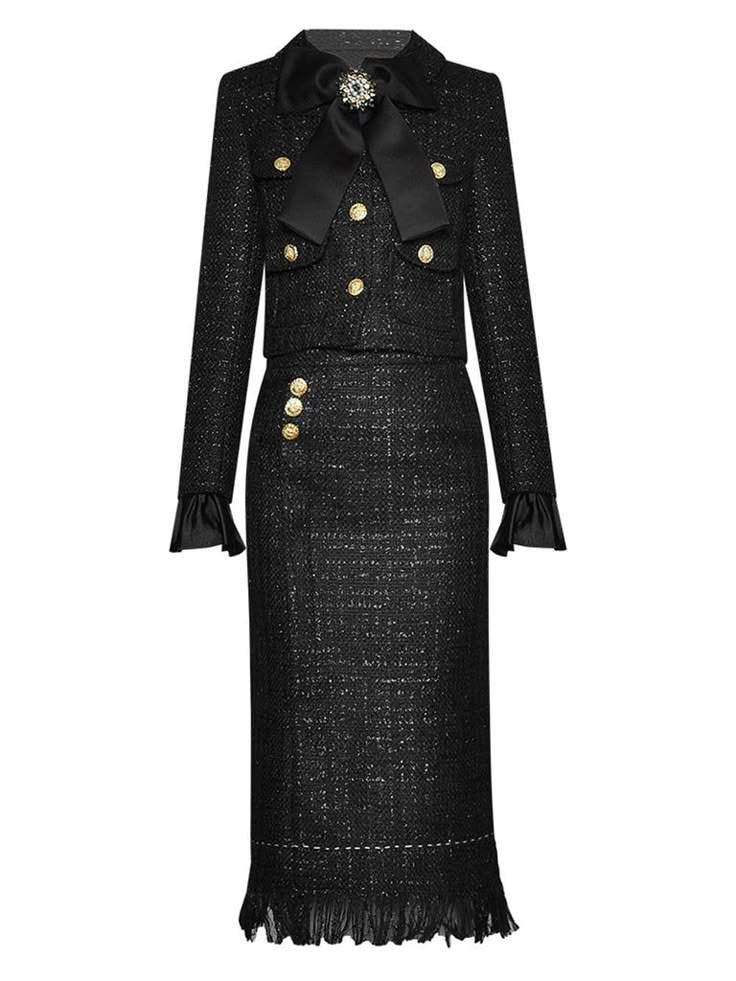 MORENNE Tweed Jacket & Skirt Set – ZCRAVE Tweed Long Dress, Black Tweed Suit, Tweed Jacket And Skirt, Tweed Suit, Tweed Suits, Royal Outfits, Black Tweed, Wool Blend Jacket, Elegant Styles