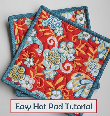 two red and blue square coasters sitting on top of each other with the words easy hot pad tutor written below