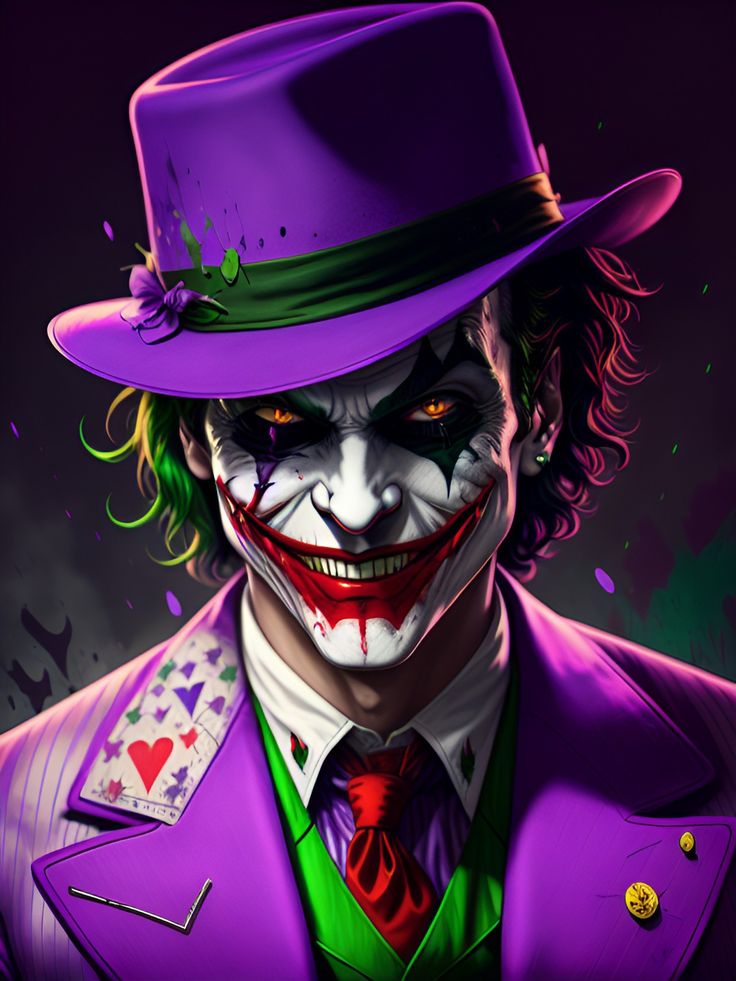 the joker is wearing a purple suit and green tie with his hat on it's head