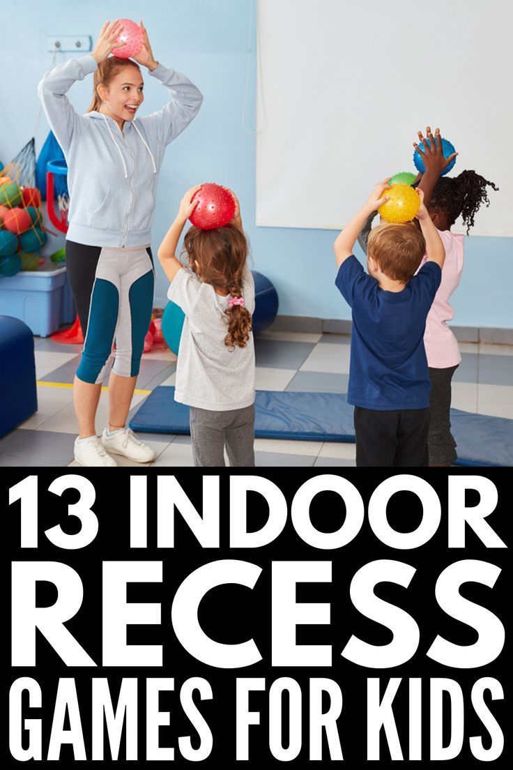 three children and an adult are playing with toys in a room that says, 13 indoor recess games for kids