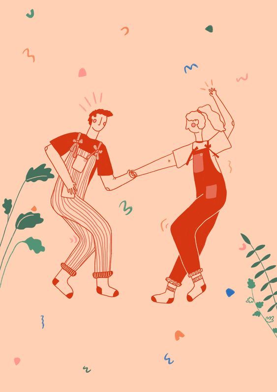 two people in overalls dancing together on a pink background with confetti sprinkles