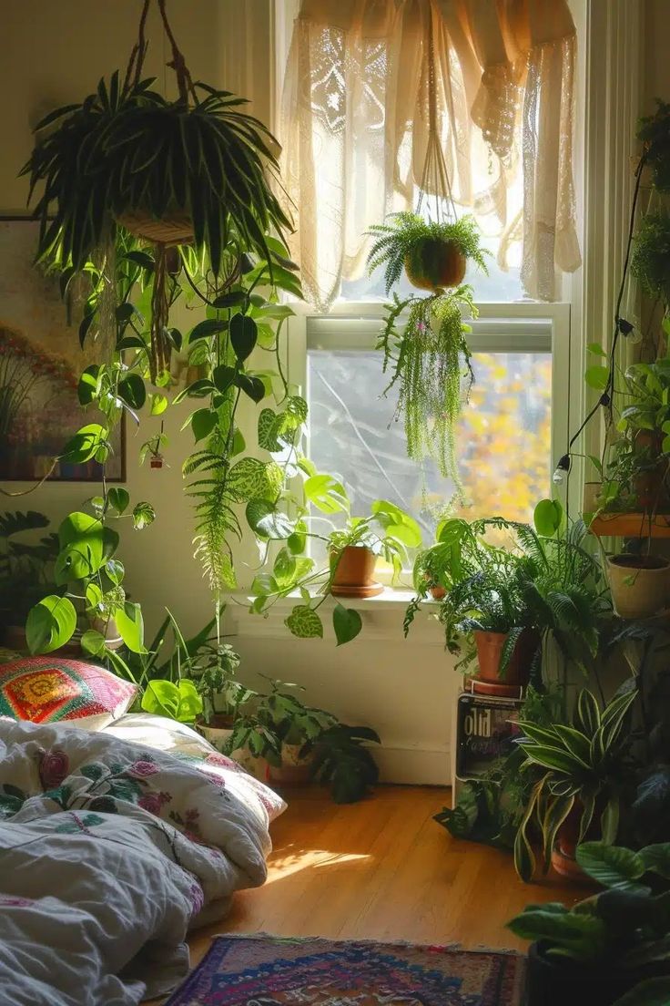 24 Botanical Bedroom Ideas to Decorate with Greenery Nature Bedroom, Bohemian Bedrooms, Lots Of Plants, Asian Homes, Asian Home Decor, Bohemian Bedroom Decor, Bedroom Plants, House Plants Decor, Aesthetic Rooms