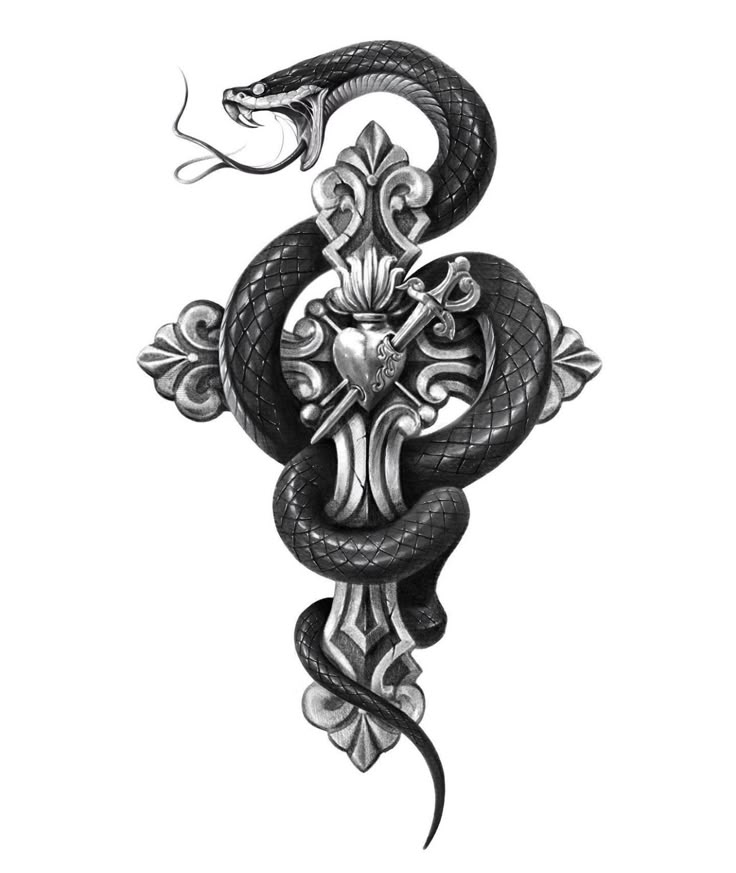 a black and white drawing of a snake with a cross on it's back