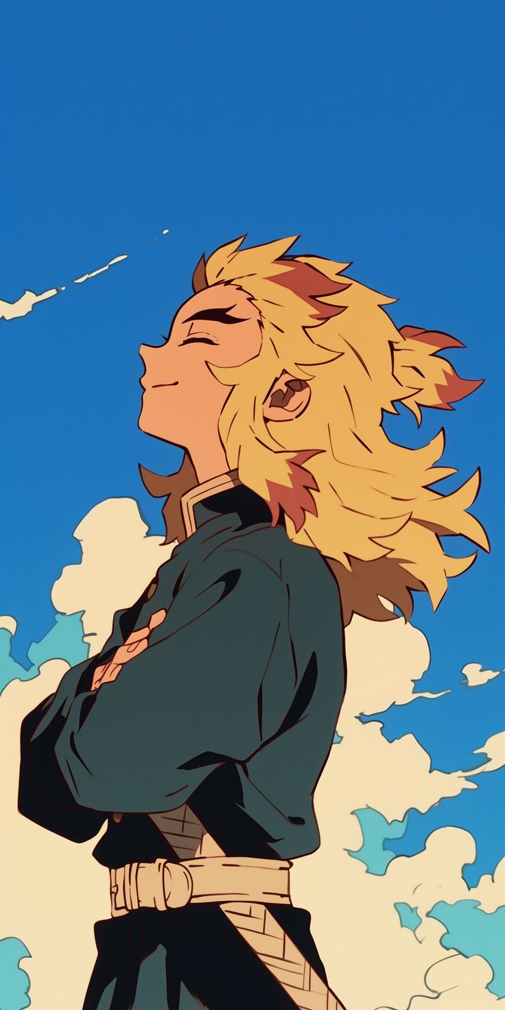 an anime character with blonde hair standing in front of blue skies and clouds, looking up at the sky