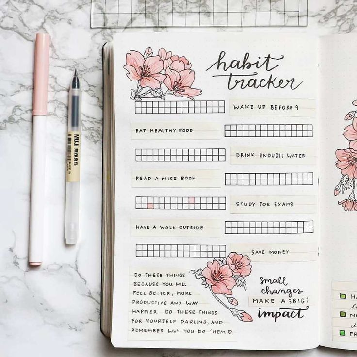 an open planner with pink flowers on it next to a pen and some other items