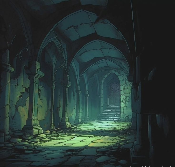 an animated image of a dark hallway with light coming from the ceiling and stone floors