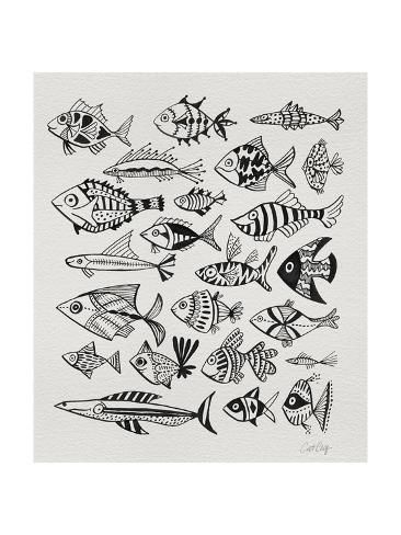 a black and white drawing of many different types of fish