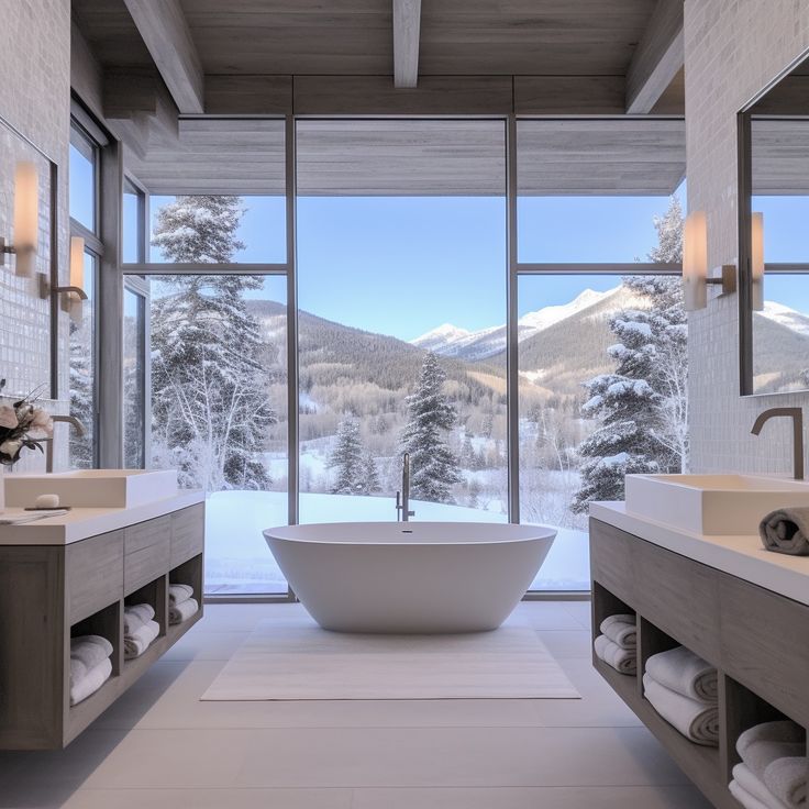 a large white bath tub sitting inside of a bathroom next to two sinks and windows