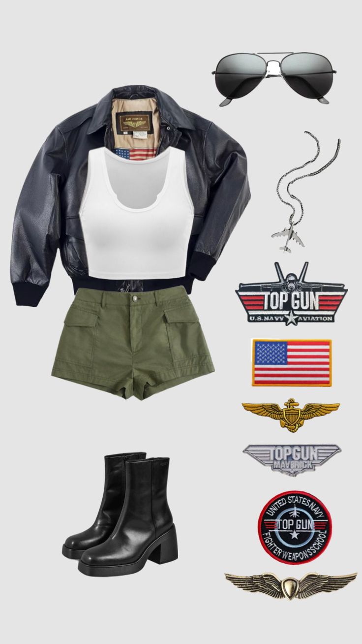 an image of a woman's outfit with patches and sunglasses on the top one