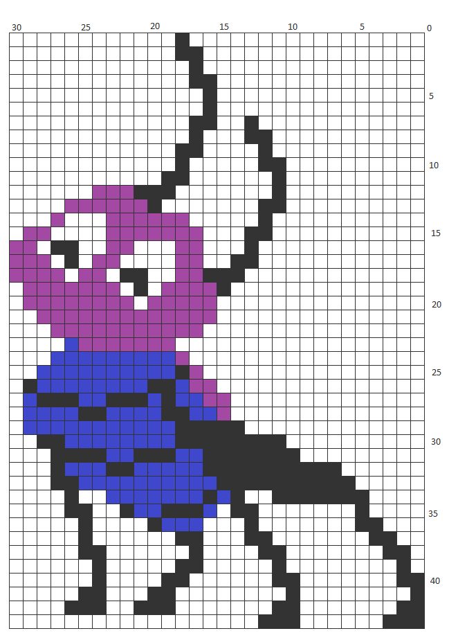 a cross stitch pattern with a purple and blue dog on it's back side