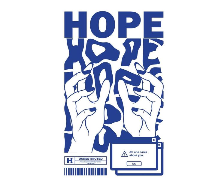 a blue and white poster with the words hope on it