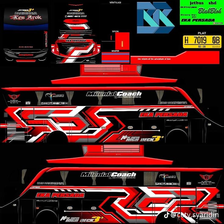 the front and back side of a bus with red stripes on it's sides