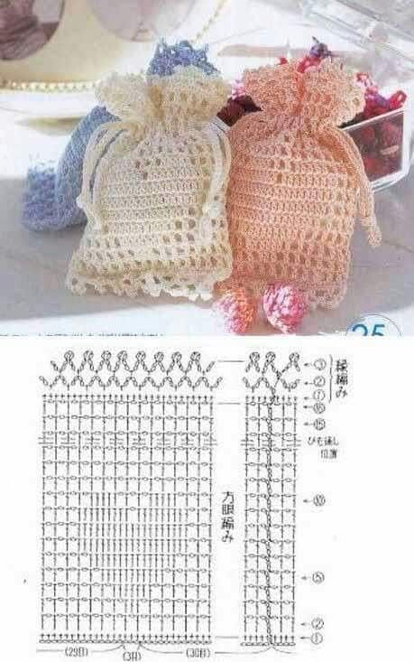 two crocheted bags sitting next to each other on top of a white table