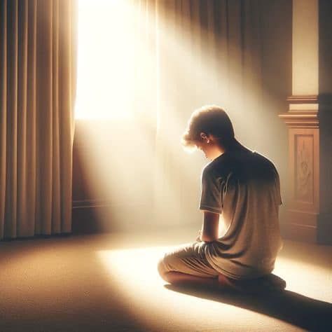 a man sitting on the floor in front of a window with sunlight streaming through it