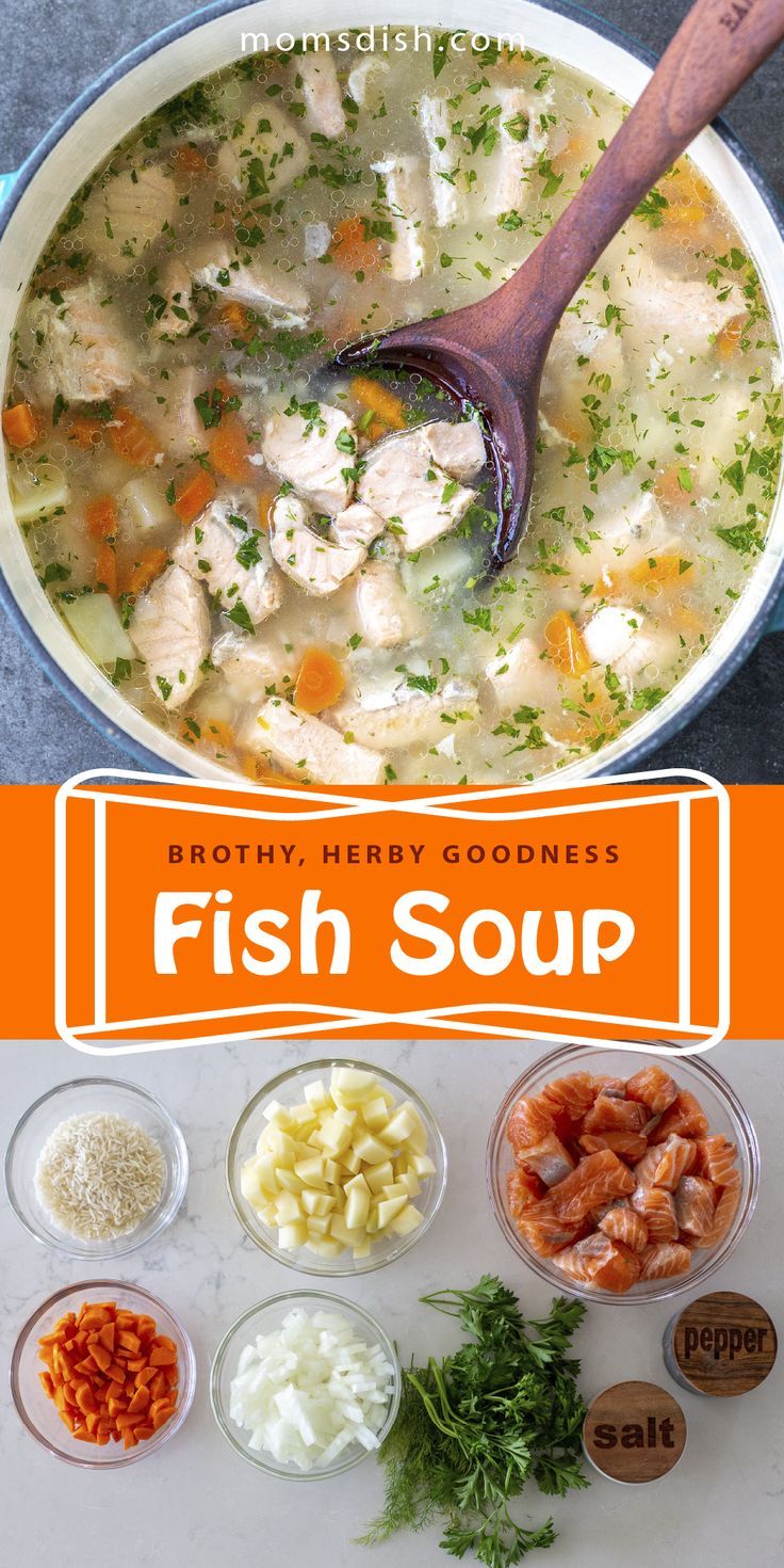 fish soup in a bowl with ingredients to make it and the title above it reads, beginner's seafood soup