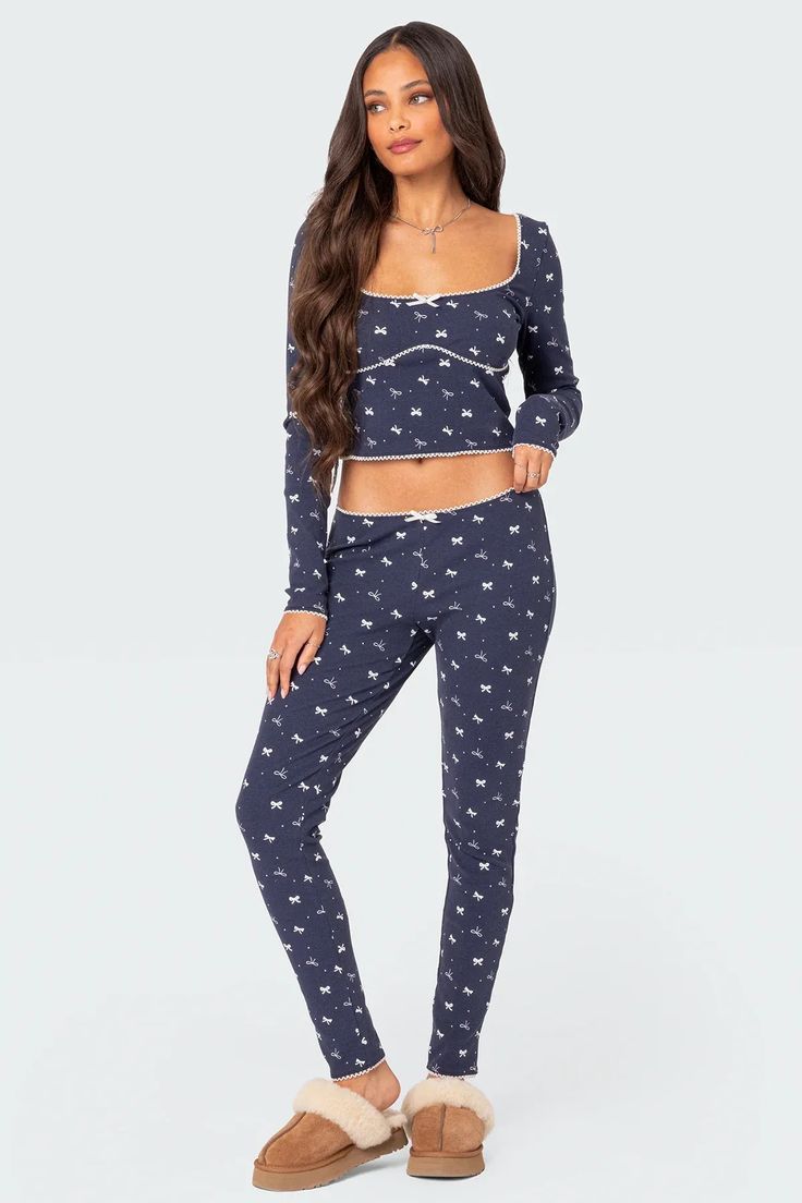 Bradley Bow Print Ribbed Pajama Leggings – edikted Flirty Pajamas, Bow Print, Cardigan Crop, Runway Trends, Swimwear Dress, Loungewear Sets, Ribbed Top, Pajama Top, Romper Pants