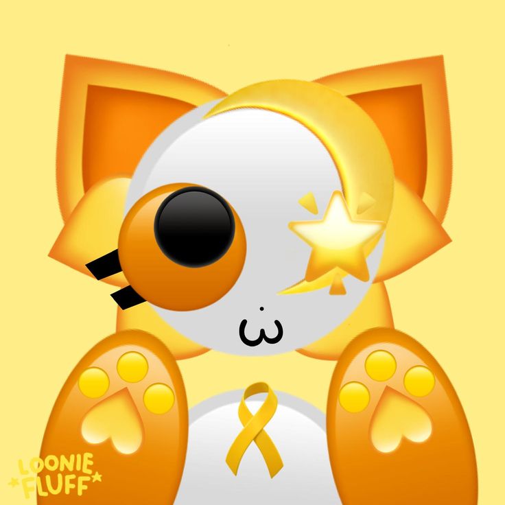 an orange and white teddy bear with stars on it's head, sitting in front of a yellow background