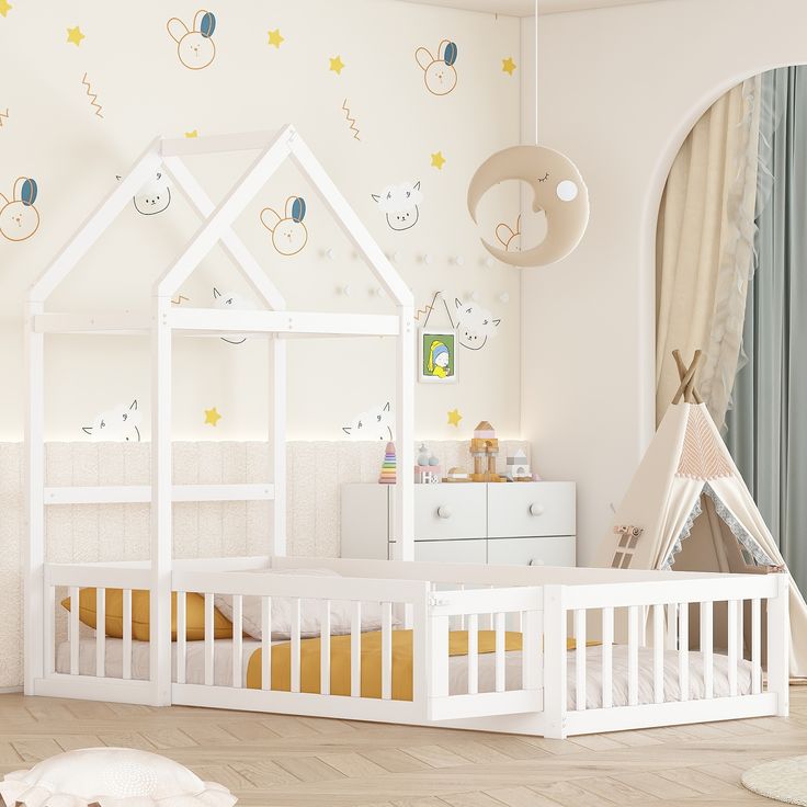 a child's room decorated in white and yellow