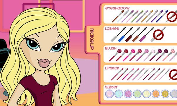 a girl with blonde hair and blue eyes is looking at the camera while she has makeup brushes in front of her