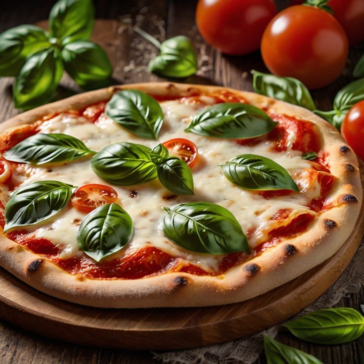 a pizza with basil leaves and tomatoes on a wooden board next to some green leaves