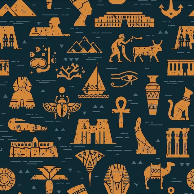 an image of ancient egyptian symbols on a blue and yellow background with orange accents in the middle