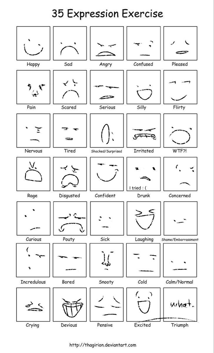 an expression exercise sheet with different expressions for each face and the number of expressions on it