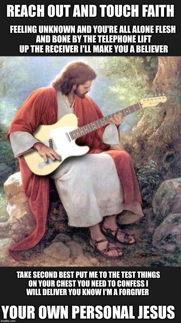 jesus playing the guitar with words that read, du, du, hast du hast much