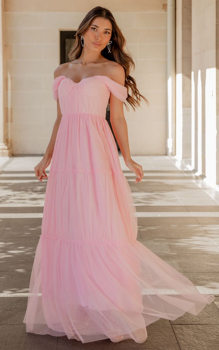 Ontario Maxi Dress - Off Shoulder Corset Bodice Tulle Dress in Ballet Pink Tulle Strapless Dress With Sweetheart Neckline For Prom, Strapless Sweetheart Tulle Dress For Prom, Sweetheart Neckline Strapless Tulle Prom Dress, Summer Tulle Corset Dress For Bridesmaids, Summer Bridesmaid Tulle Corset Dress, Off-shoulder Tulle Dress For Debutante Ball, Tulle Strapless Dress For Debutante Ball And Prom Season, Strapless Tulle Dress For Debutante Ball During Prom Season, Bridesmaid Corset Dress With Sweetheart Neckline In Tulle