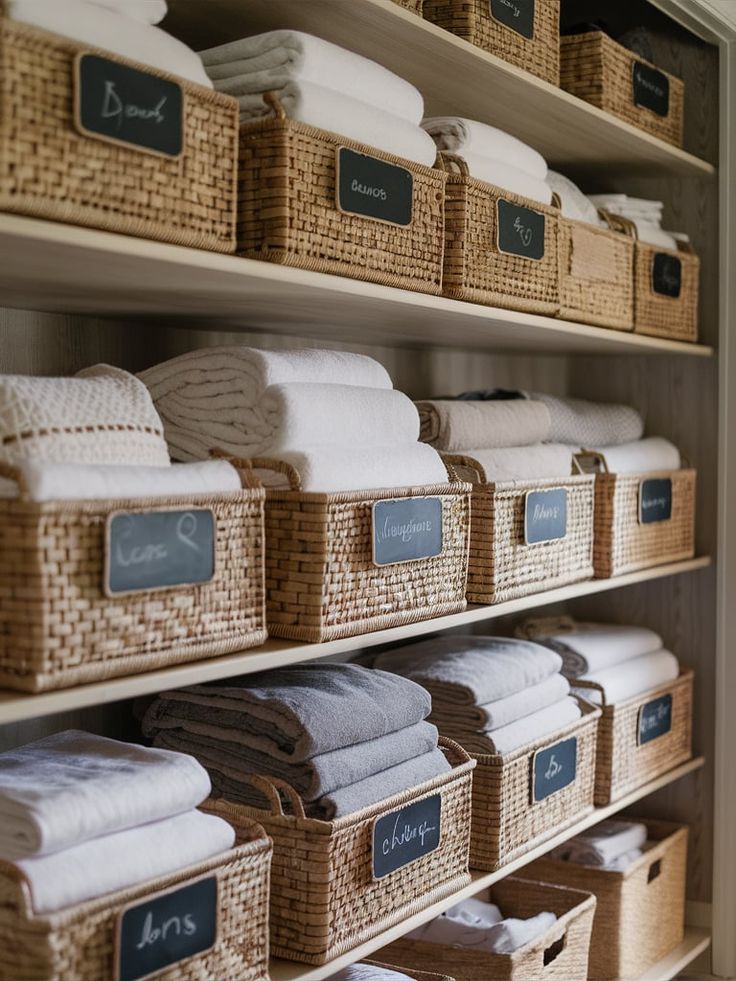 linens and towels are stored in baskets on the shelves next to eachother