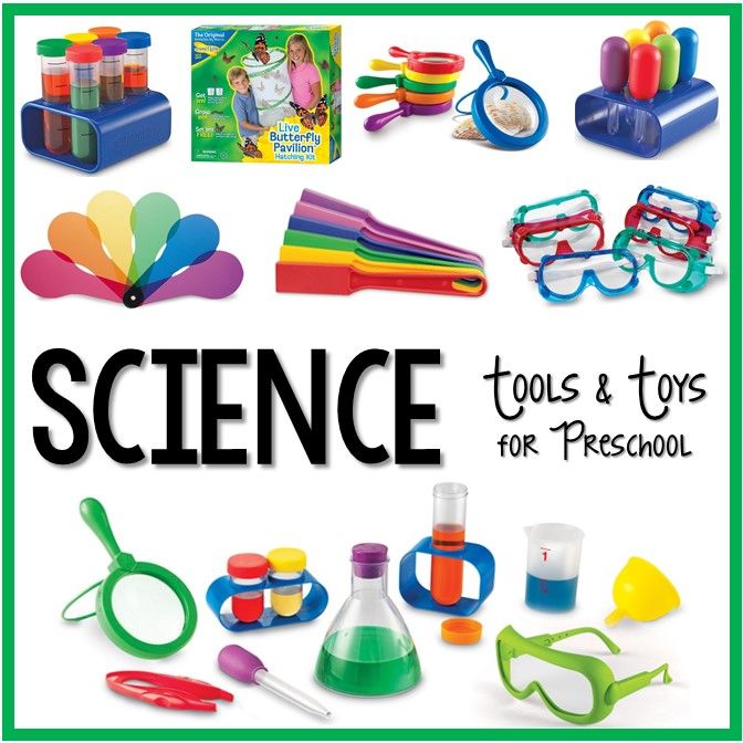 the cover of science tools and toys for preschool, with an image of children's items