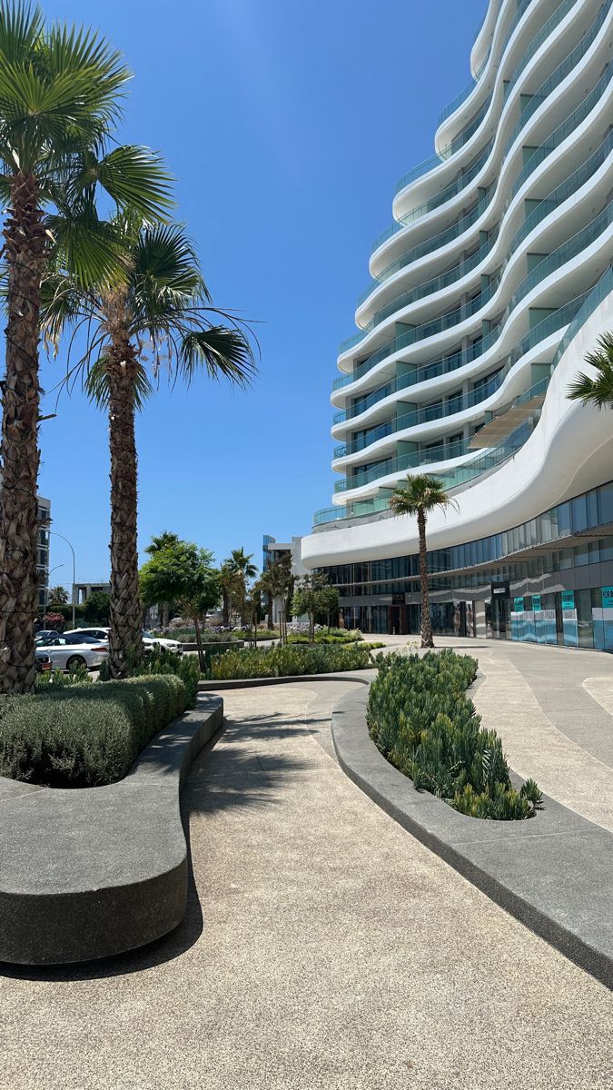 a building with palm trees in the foreground and landscaping around it on a sunny day