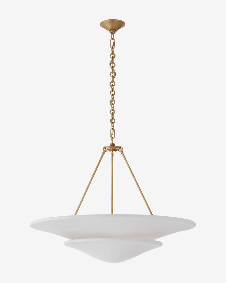 a light fixture with a white bowl hanging from it's center point and gold chain