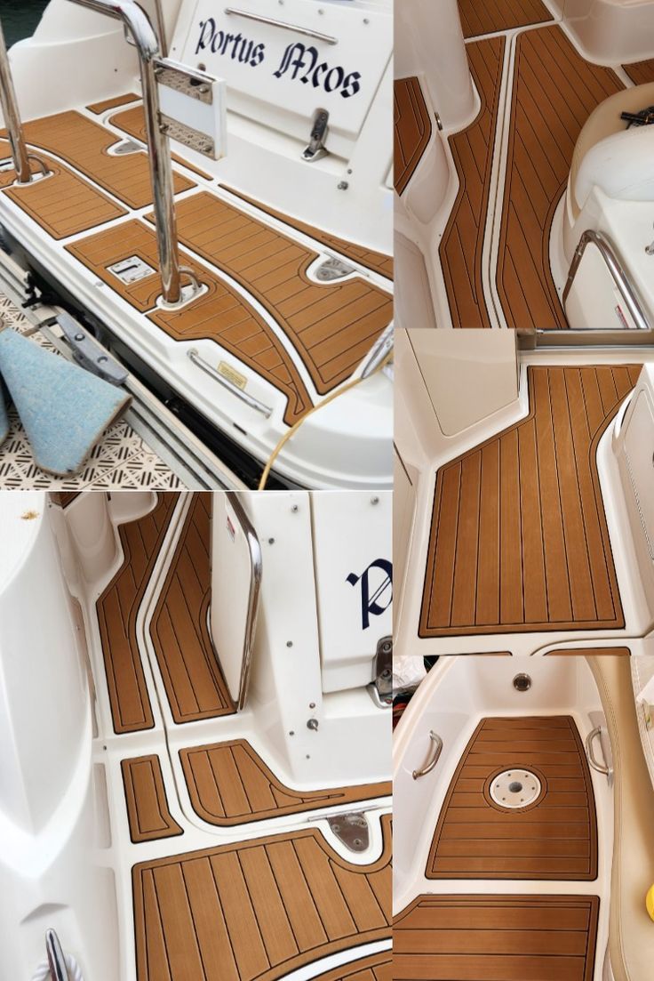 the inside and outside of a boat with wooden flooring