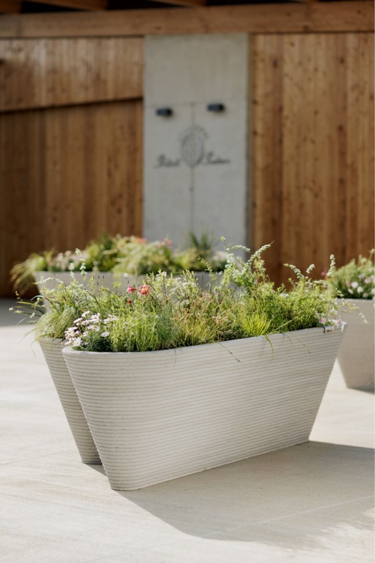 two planters with plants in them sitting on the ground