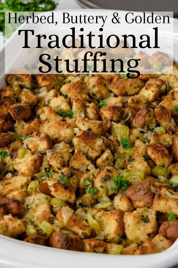 a casserole dish with stuffing in it and the words herb, buttery & golden traditional stuffing