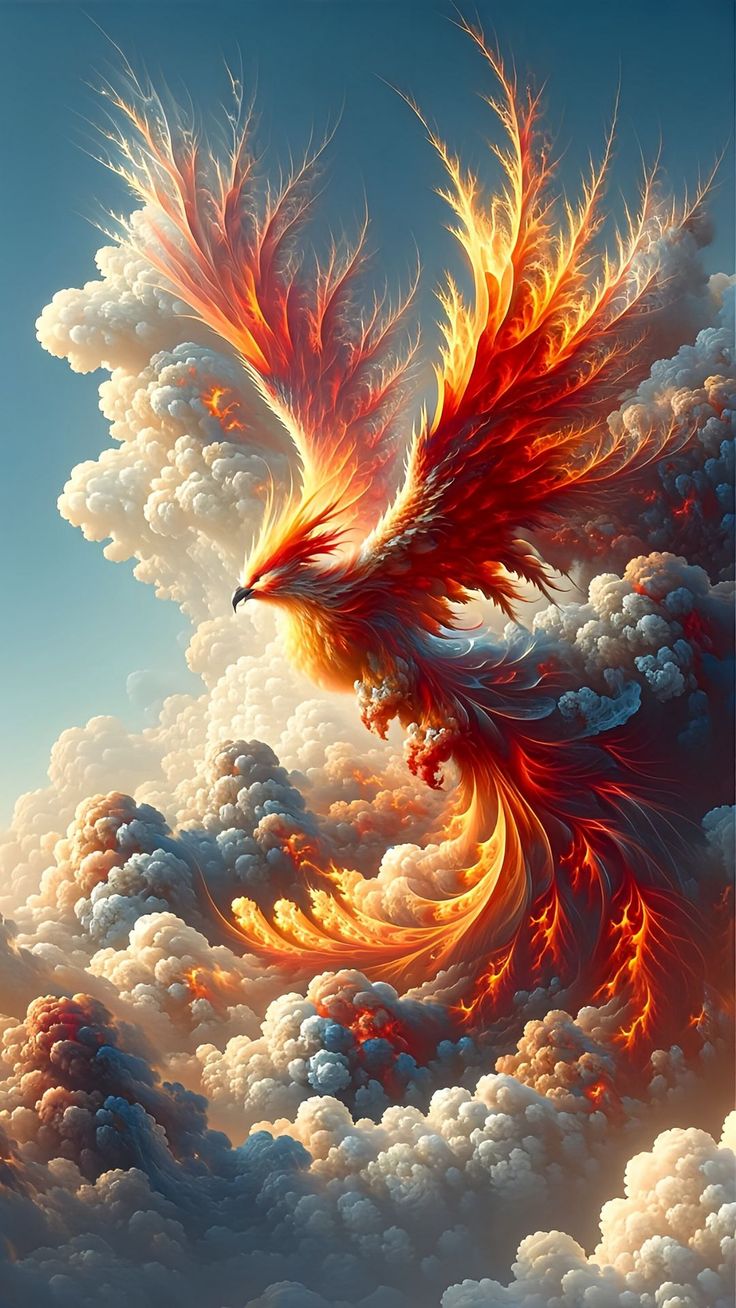 a painting of a bird flying in the sky with clouds and sun shining behind it