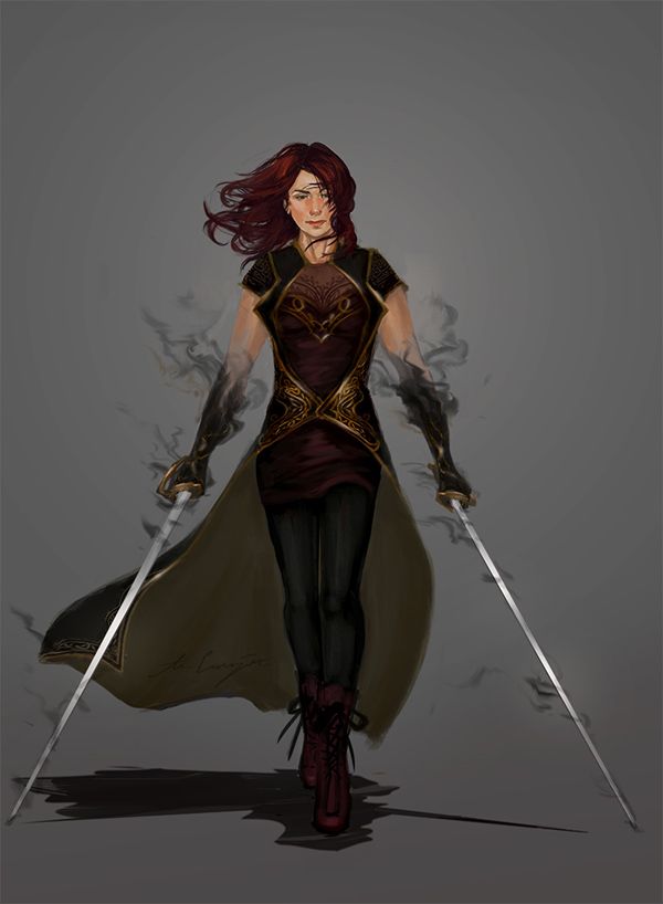 a drawing of a woman with two swords in her hand and wearing a long cape