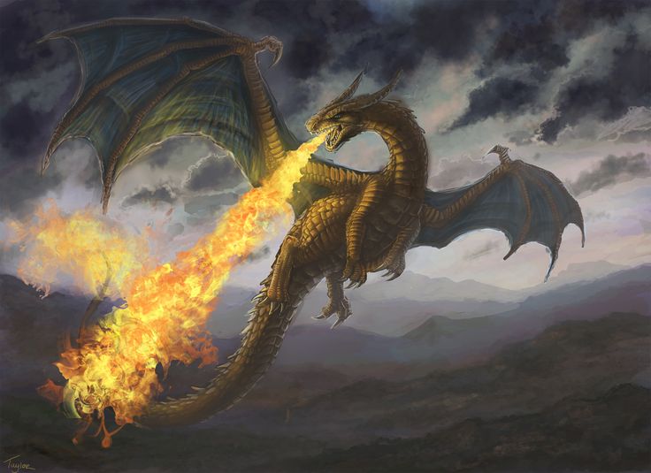 a dragon is flying through the air with fire coming out of it's mouth