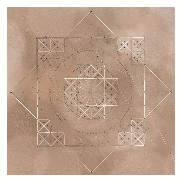 an abstract drawing with lines and squares in the center on a beige background that appears to be made out of sand