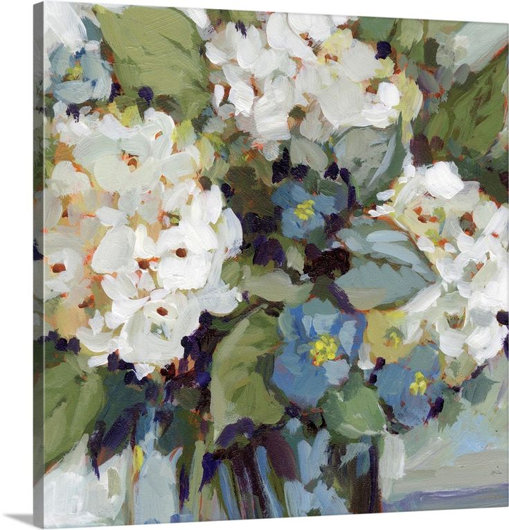 a painting of white and blue flowers in a vase