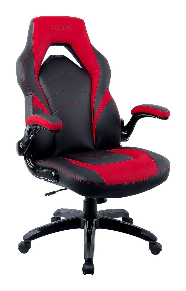 a black and red office chair with armrests on an isolated white background,