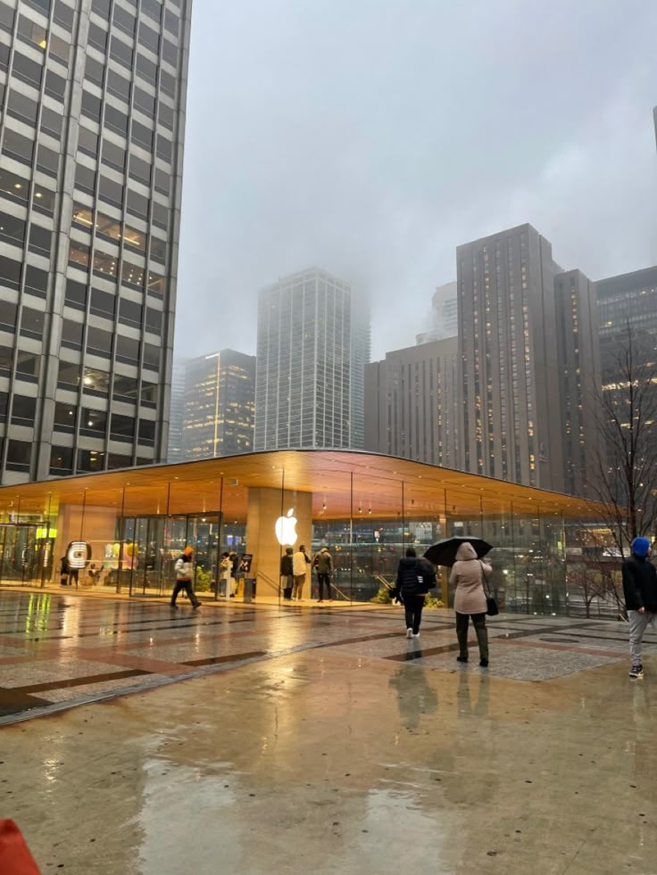 people walking in the rain with umbrellas near some buildings and skyscrapers on a cloudy day