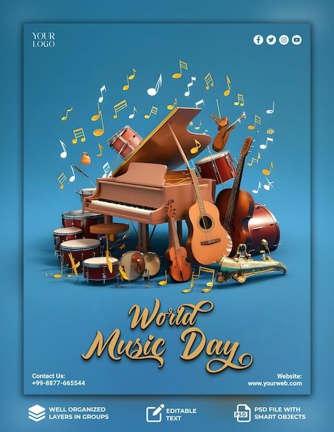 the poster for world music day with musical instruments