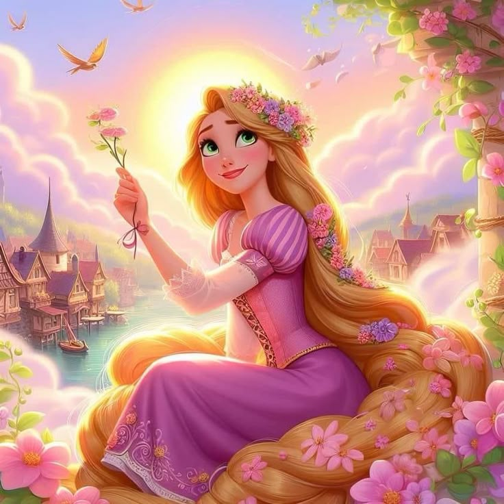 a beautiful princess sitting on top of a tree next to a castle with flowers in her hand