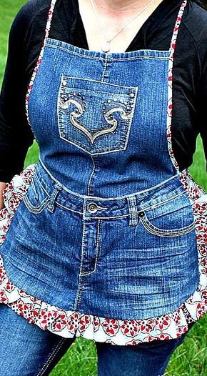 a woman wearing an apron made from old jeans