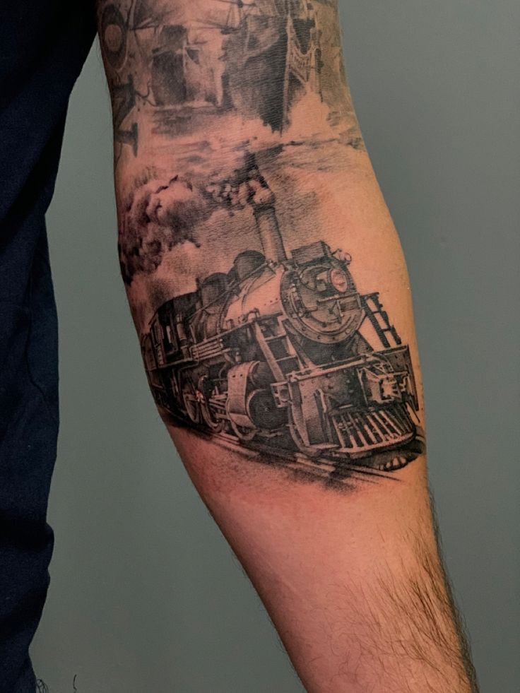 Railroad Tattoo Ideas, Freight Train Tattoo, Train Tattoos For Women, Steam Train Tattoo, Train Tattoos, Train Tattoo, Snowflake Tattoo, Snow Flake Tattoo, Dad Tattoo